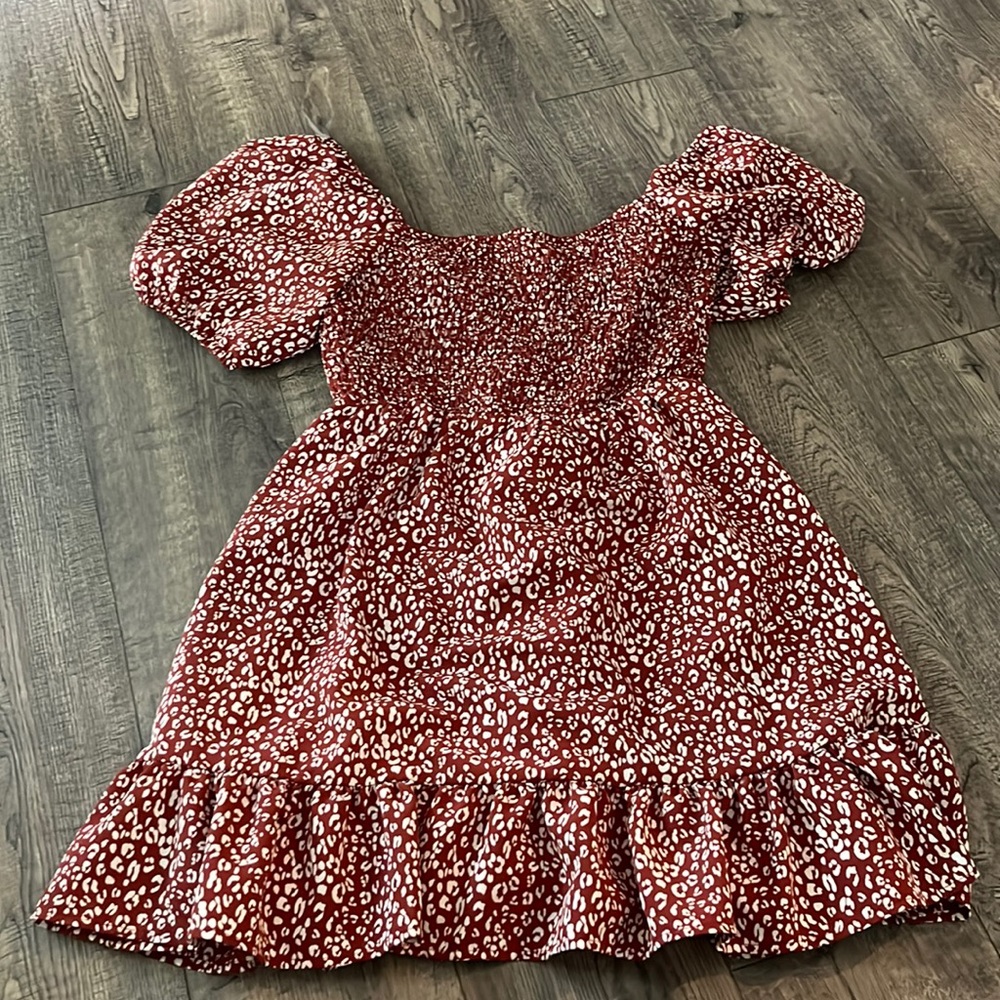 Altar'd State Red Leopard Print Puff Sleeve Mini Dress